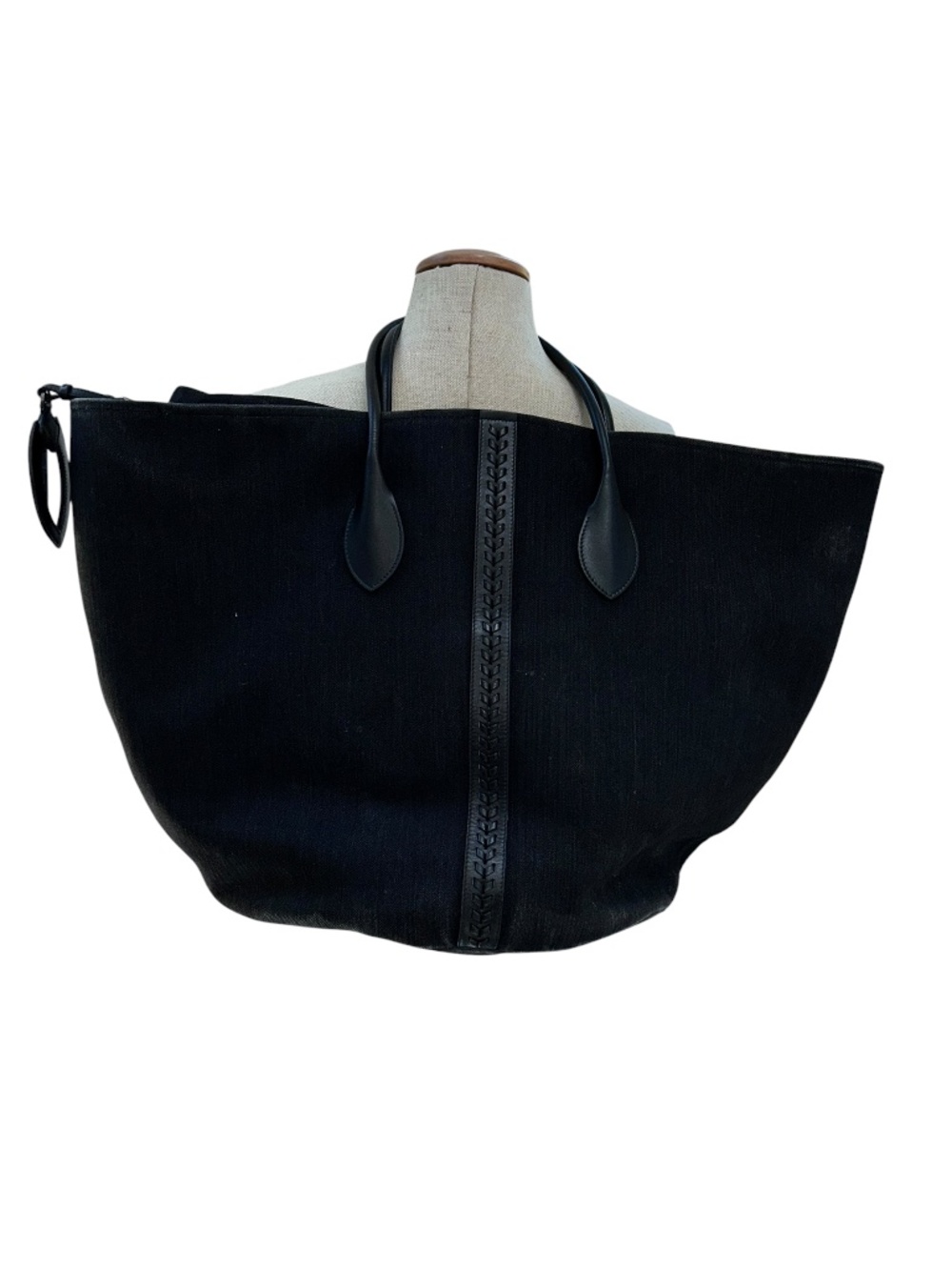 Alaia Paris black leather trim denim canvas extra large tote weekender bag